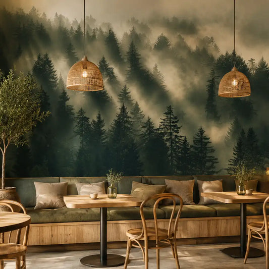 Whispering pines forest mural close-up showing layered pine tree silhouettes