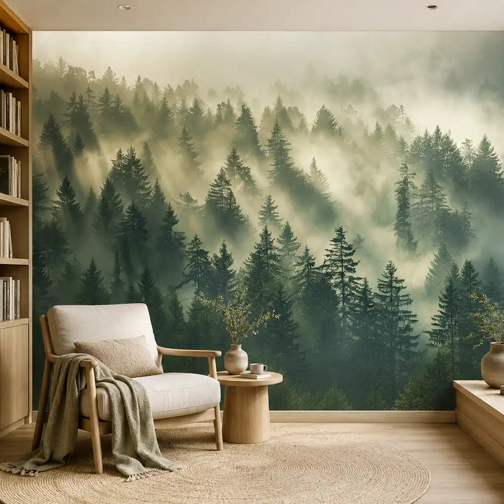 Peel-and-stick pine forest mural sample showing texture detail and color saturation