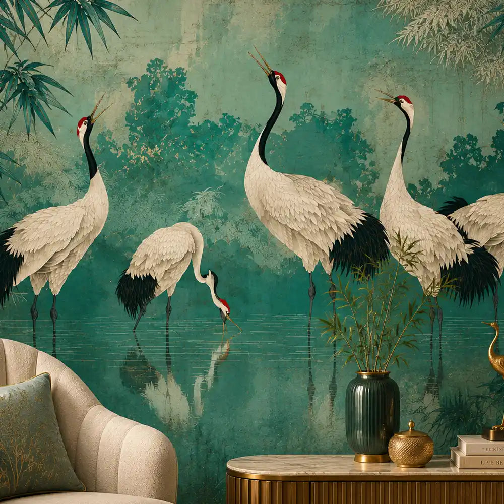 Close view of white cranes wading in a misty teal lagoon mural beside a console