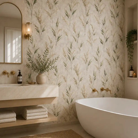Refreshing bathroom wall featuring wild meadow leaves wallpaper for a natural touch