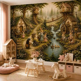 Woodland bunny village mural in a pink girls playroom with kids table and rocking horse