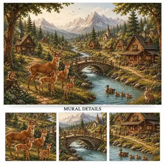 Deer Valley Village mural details showing a deer family, stone bridge, ducks and log cabins