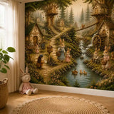 Woodland village mural wallpaper full wall view with plush bunny and jute rug