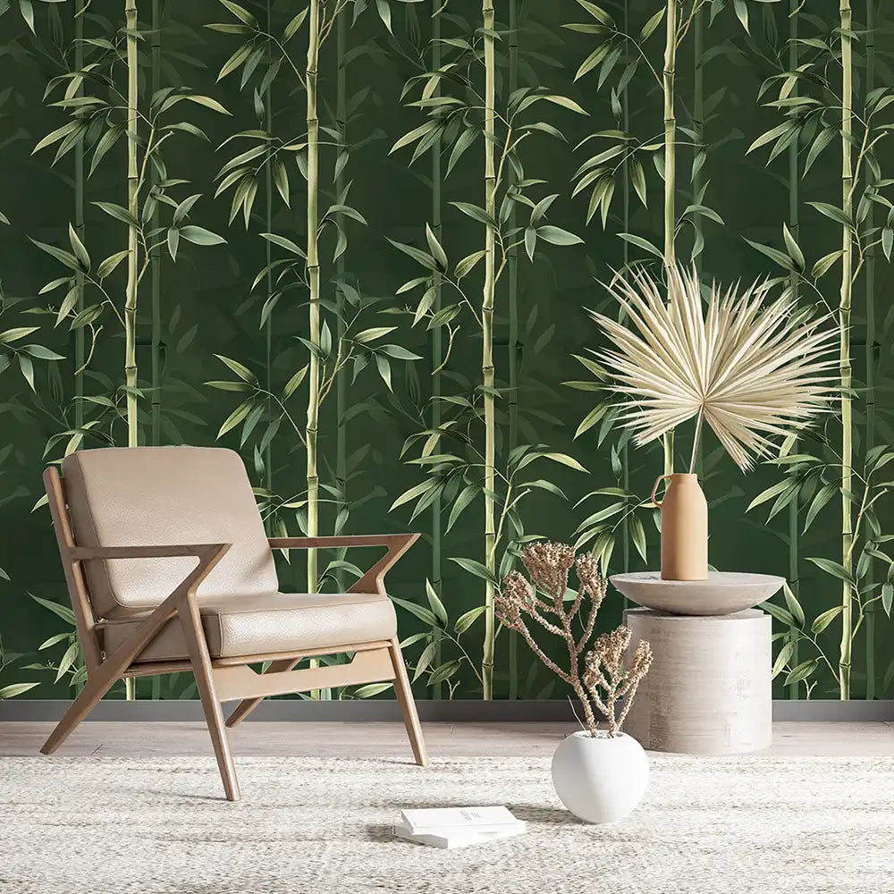 Bamboo forest peel-and-stick wallpaper full bedroom installation, tranquil green wall