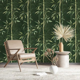 Bamboo forest peel-and-stick wallpaper full bedroom installation, tranquil green wall