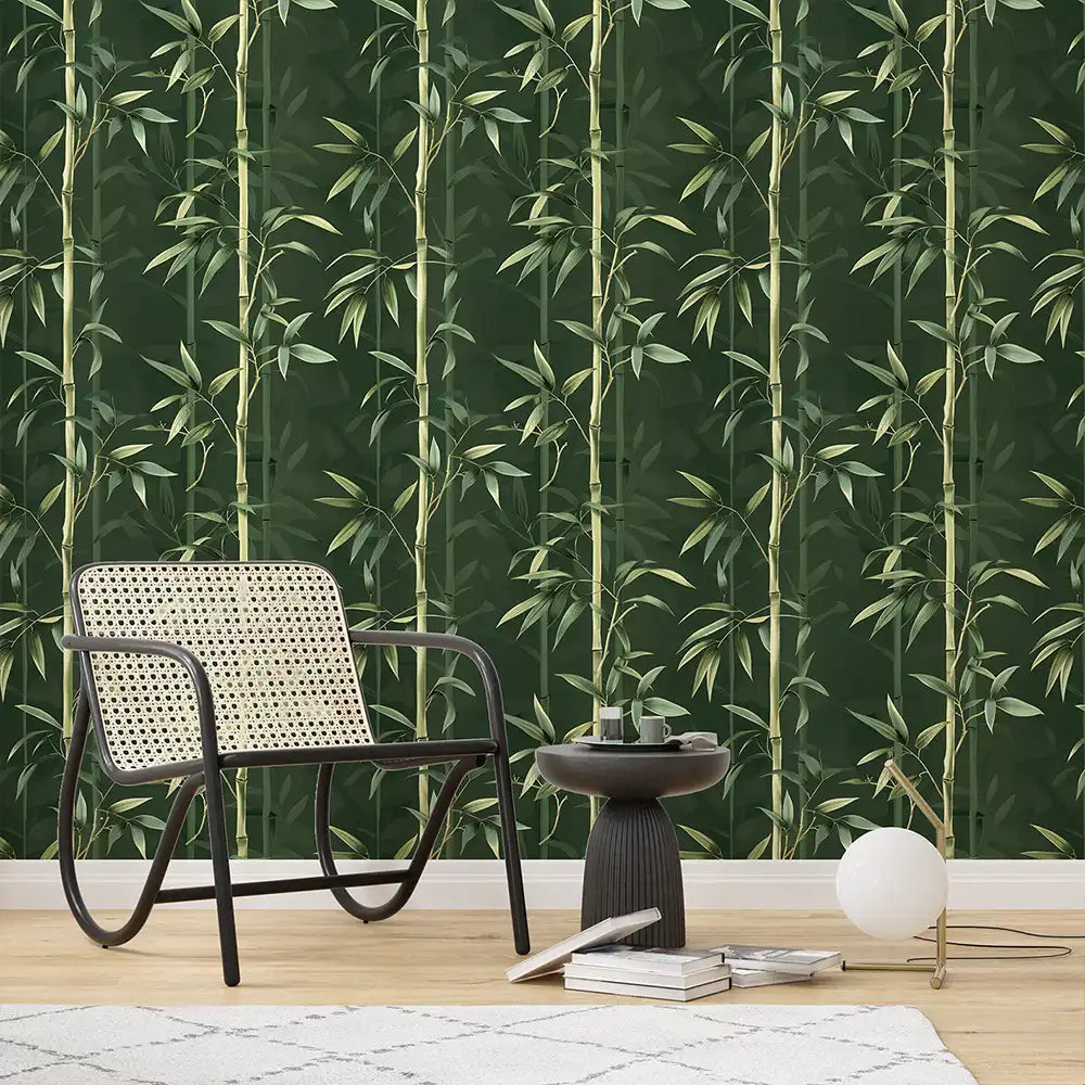 Zen bamboo peel-and-stick wallpaper in living room, peaceful Japanese garden inspired wall