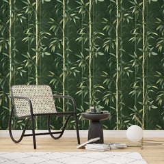 Zen bamboo peel-and-stick wallpaper in living room, peaceful Japanese garden inspired wall