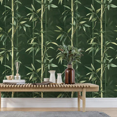 Minimal bamboo removable wallpaper in home office, Asian-inspired zen botanical wall