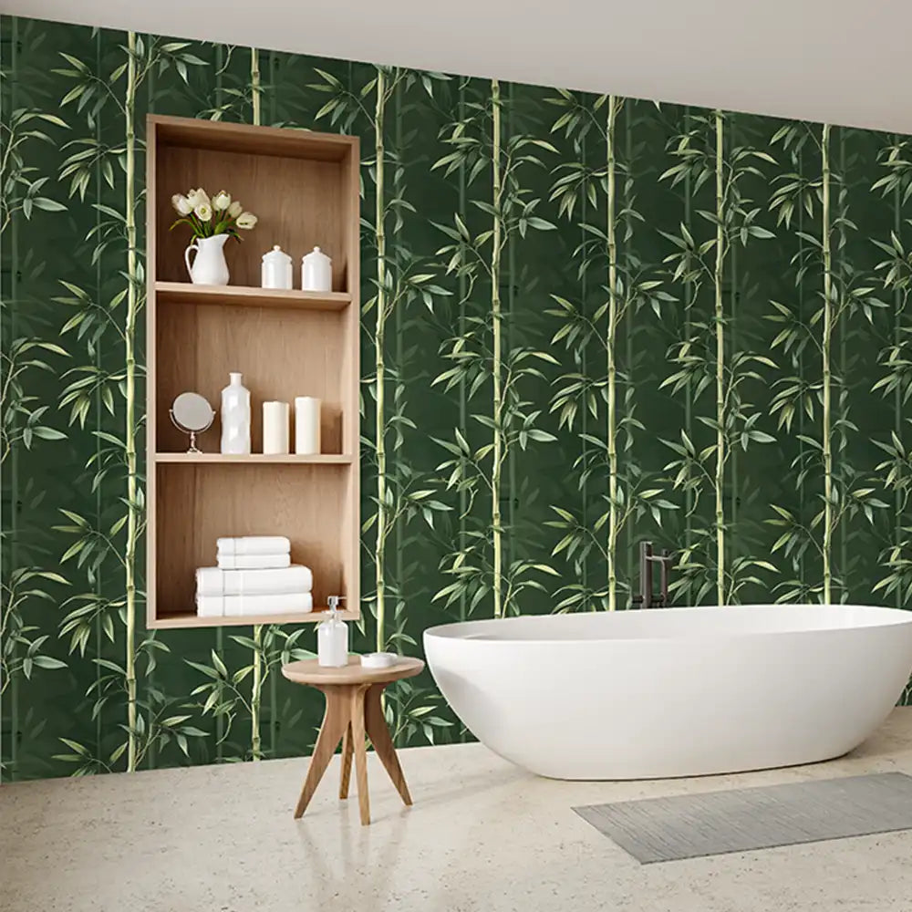 Bamboo wallpaper sample tile showing deep green bamboo pattern and natural atmosphere